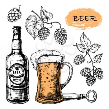 Sketched beer collection with glass, bottle and hop vector set. Illustration of alcohol bottle beer sketch