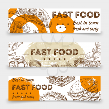 Sketched fast food vector banners template design. Illustration of sketched fast food and snack sketch, hamburger and sandwich