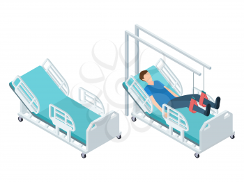 Isometric medical equipment. Physiotherapy rehabilitation equipment free and with patient vector illustration. Man rehabilitation procedure in bed