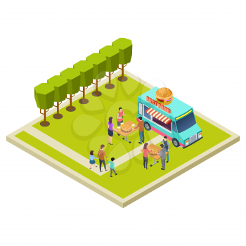 Neighborhood party in the park with burgers isometric vector location. Illustration of park party with burger street truck