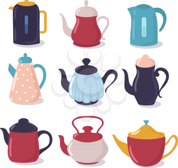 Cartoon kettle set. Teapot with spout kitchenware, household utensils vector collection. Kettle tea, kitchenware for hot beverage illustration