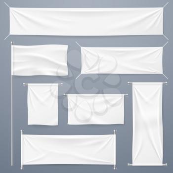 Textile banners. White blank cloth horizontal, vertical banners and flag. Fabric advertising ribbons and posters vector template. White textile sheet, material canvas hanging illustration