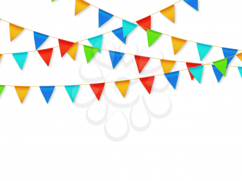 Pennant flag garland. Birthday party fiesta carnival decoration. Garlands with color flags 3d vector illustration. Carnival decoration hanging on rope, celebration banner with place