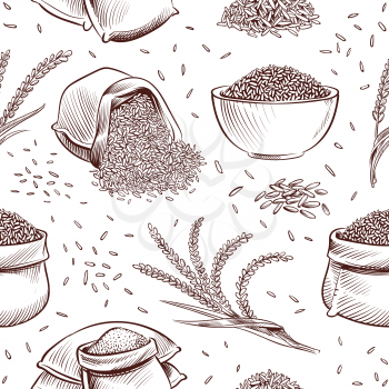 Rice seamless pattern. Hand drawn bowl with rice grains and paddy ears vector japanese texture. Illustration of sack with rice grain