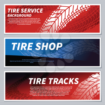 Tire tread tracks banners. Motorcycle, car and race bike dirty grunge road tire prints. Tread automobile, motor sport vector banner. Illustration of tire imprint and trail pattern