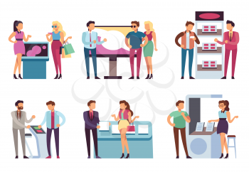 People and product stand. Promoters promote products sample to man and woman with promotion expo stands. Exhibition vector set. People on exhibition look at stand with product illustration