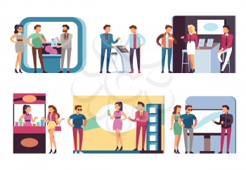 People at trade expo. Men and women at product demonstration stands and event booths on exhibition. Vector set of demonstration exhibition advertising, desk promo marketing illustration