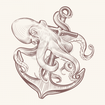 Octopus with anchor. Sketch sea kraken squid holding ship anchor. Octopus navy tattoo vector vintage design. Illustration of octopus and anchor, mythical animal and hook