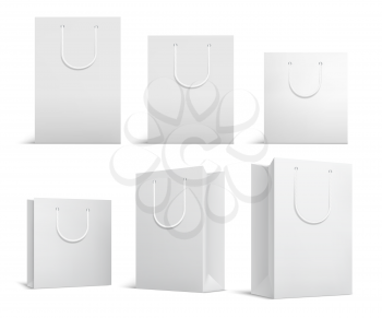 Shopping bag mockup. White blank papper bags. Shopping product package for corporate brand vector template. Illustration of paper bag and package merchandise
