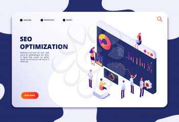 Isometric seo concept. Search engine optimization, media marketing and web business tools. Seo service landing vector website page. Illustration of seo optimization and development, data analysis