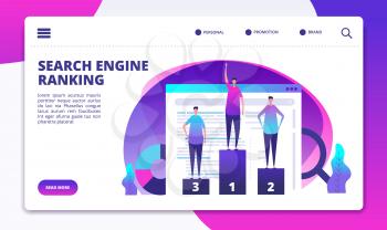 Search engine ranking. Seo marketing strategy and website optimization. Success online business landing vector page. Illustration of seo success, winner analysis