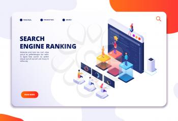 Search engine rank isometric landing page. Seo marketing and analytics, online ranking result. 4ir 3d vector concept. Illustration of seo optimization, isometric of web internet