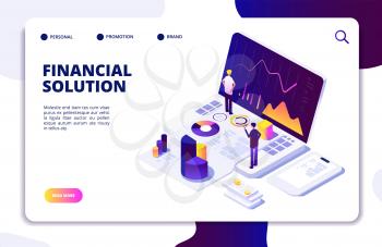 Economics finance manager isometric concept. Fund, budget tax management. People advisors check finance report. Vector landing page finance solution manager, management isometric illustration