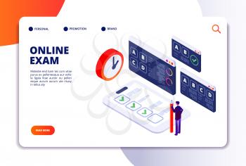Online exam isometric concept. Internet questionnaire, quiz application for student testing. Survey examination landing vector page. Illustration of online quiz and examination application testing
