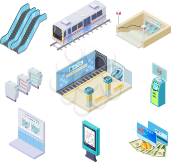 Isometric metro elements. Subway train, station platform and escalator, turnstile and underground tunnel. 3d subway vector collection. Illustration of train isometric, metro platform station