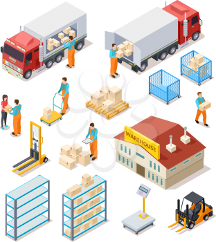 Delivery isometric. Logistic, distribution warehouse, truck with people workers carrying boxes package. 3d cargo industry vector set. Illustration of truck logistic transport, industrial delivery