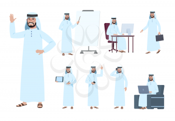 Arab businessman. Saudi business people character. Islam arabian male in business activity vector set. Business people saudi arab character illustration