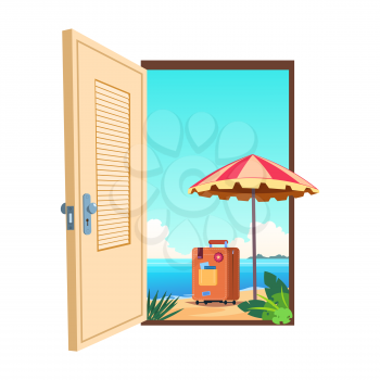 Welcome to the beach cartoon vector template. Illustration of doorway to sea beach, paradise travel