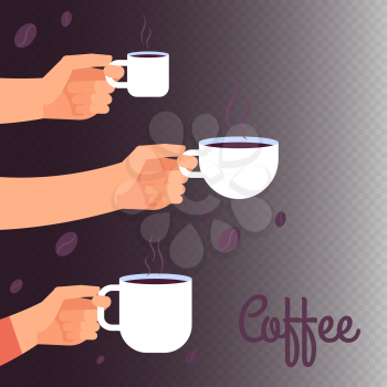 Coffee vector banner template or background with hands holding cups of hot drink illustration
