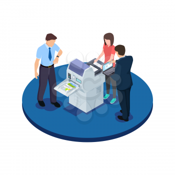 Office workers are testing a new printer isometric vector concept. Office printer isometric, worker and equipment illustration