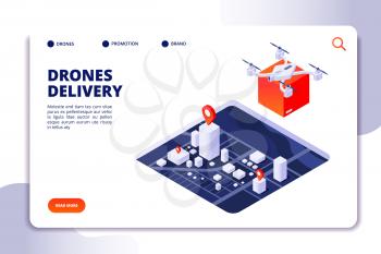 Drone logistics isometric concept. Future delivery technology, shipment with unmanned drones and quadcopter. Vector landing page transportation delivery, isometric drone service illustration