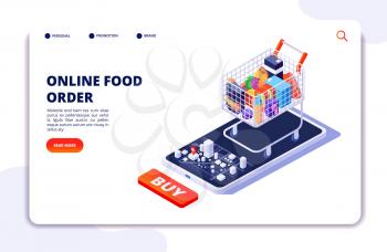 Grocery food delivery. Online order with mobile app. Internet food restaurant isometric concept. Delivery isometric from shop food illustration