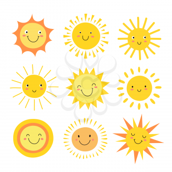 Sun emoji. Funny summer sunshine, sun baby happy morning emoticons. Cartoon sunny smiling faces vector icons. Illustration of sun heat, emoji and emotion mascot