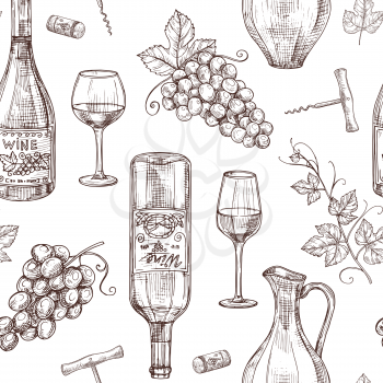 Sketch wine seamless pattern. Wine bottles wineglass corkscrew and grape. Winery, restaurant vector menu texture. Illustration of alcohol drink wine, sketch pattern with bottle