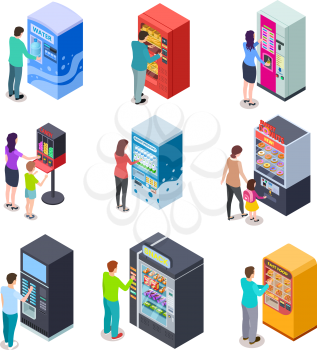 Isometric vending machine and people. Customers buy snacks, soda drinks and tickets in vending machines. 3d vector icons. Illustration of vending machine for selling beverage and food