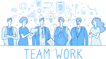 Teamwork line concept. Creative business team office workers, employees. Collaboration technology trendy flat outline vector background. Illustration of office employee, business team