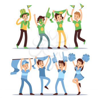 Happy sports fun teams. Group shouting supporting people vector set. Fun football fan, spectato and supporter illustration