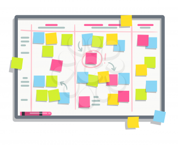 Process planning board with color sticky notes. Scrum task whiteboard flat vector illustration. Board with colored note sticker reminder
