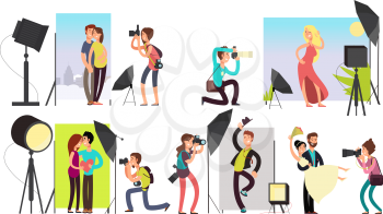 Photographers taking photo portraits of different people in studio. Vector characters set. Camera and photo, photographer professional illustration