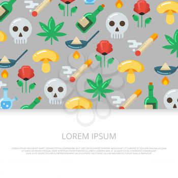 Bright drugs and skull flat icons banner or background design. Vector illustration