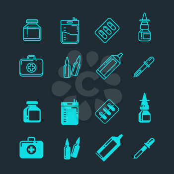 Pills, drugs, pharmacy medicine, medication line and silhouette icons set. Illustration of medication and medicine drug, pill and capsule vitamin