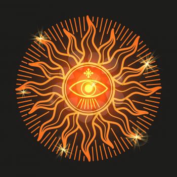 Esoteric mystery shiny sun sign on black background. Vector illustration