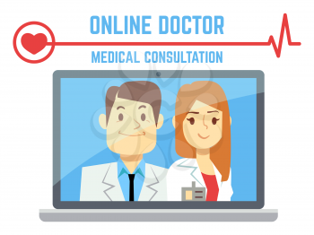 Flat male and female online doctor, internet computer health service concept. Vector illustration