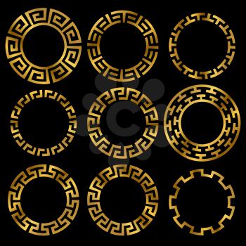 Golden ancient greek round frame ornament set. Ancient greek gold circle, classic antique round. Vector illustration