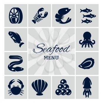 Sea food menu silhouette icons on grey backdrop. Vector illustration