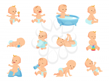 Infant newborn baby big set in different activity isolated on white. Child and infant, boy and girl little baby. Vector illustration