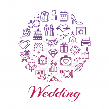 Bright wedding line icons round label concept. Vector illustration flat