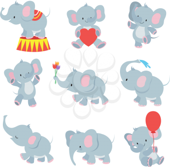 Funny cartoon baby elephants vector collection for kids stickers. Elephant funny character with flower and air balloon illustration