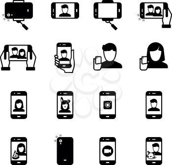 Selfie, person with mobile phone taking photo black silhouette vector icons. Illustration of photo phone selfie, photography on smartphone