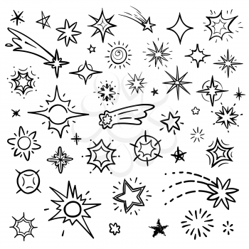 Doodle stars vector set isolated on white. Hand drawn sky with star and comets collection. Sketch drawn star, doodle comet and meteor illustration