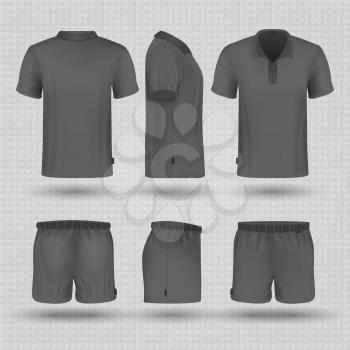 Soccer black sports uniform. Male shorts and t-shirt front, side and back view vector mockup. Illustration of t-shirt and short for sport