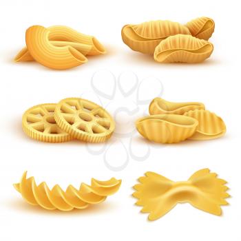 Realistic cooking pasta types isolated vector set. Italian spaghetti and pasta, traditional cooking italy illustration