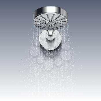 Shower metal head with trickles of water vector illustration isolated on white background. Shower for bathroom, water hygiene
