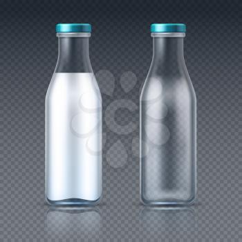 Glass beverage bottles empty and with milk. Dairy product packaging isolated vector mockup. Illustration of bottle milk drink, healthy beverage dairy in glass