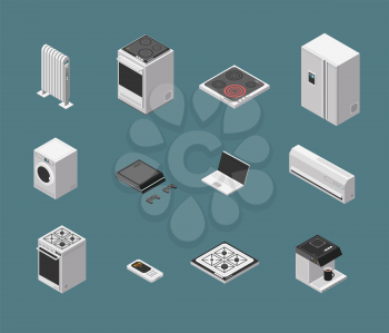 Isometric 3d household kitchen appliance and electrical equipment isolated vector set. Illustration of isometric domestic equipment kitchen