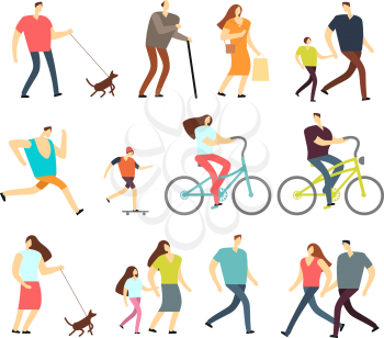 Active people walking, riding bike, running outdoor vector character set. Ride bike and activity lifestyle walking and sport jogging illustration